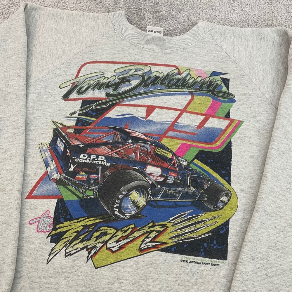Vintage Racecar Sweatshirt Extra Large 90s Distressed USA Made Tom Baldwin 1992